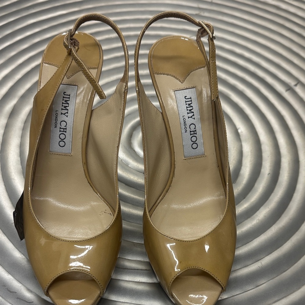 Jimmy Choo Beige Patent Slingback Heels